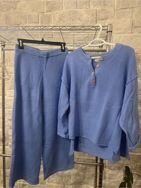 Free People Light Blue Waffle Knit Top & Pants Set